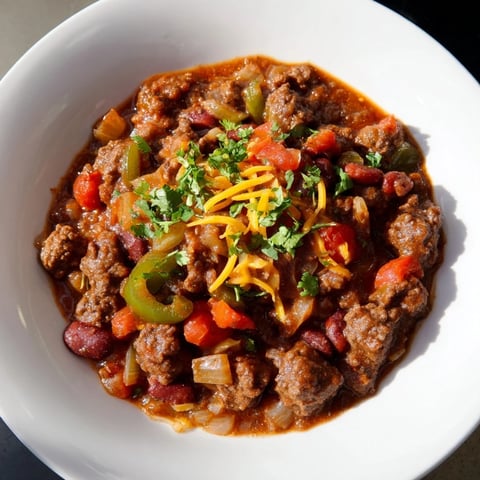 Steaming bowl of quick chili with canned beans, topped with fresh cilantro, ready to eat.