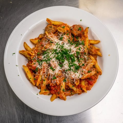 Golden, bubbly cheese covers a steaming Budget Sausage and Cheese Pasta Bake, ready to serve warm.