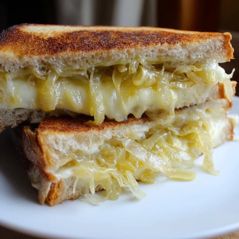 Golden, bubbly French onion grilled cheese sandwich with caramelized onions oozing from toasted bread.