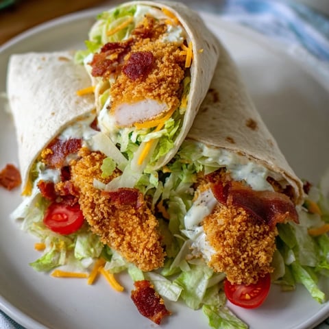 Golden, crispy chicken bacon ranch wrap sits sliced, with fresh tomatoes and lettuce visible.