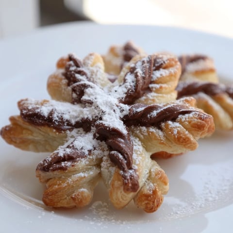 Golden, flaky Express Nutella Puff Pastry Snowflakes, dusted with powdered sugar, perfect for a cozy dessert.