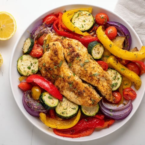 Sheet Pan Lemon Oregano Chicken Cutlets: Roasted chicken and colorful vegetables, full of zesty lemon flavor.