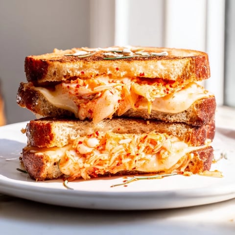 Golden, melty Skillet Kimchi & Cheddar Fusion Grilled Cheese with crispy bread and bubbling cheese.