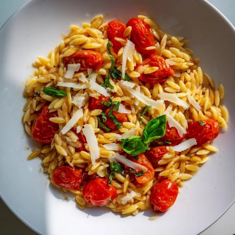 Vibrant orzo tomato Parmesan: A close-up of the flavorful pasta dish, ready to be enjoyed.