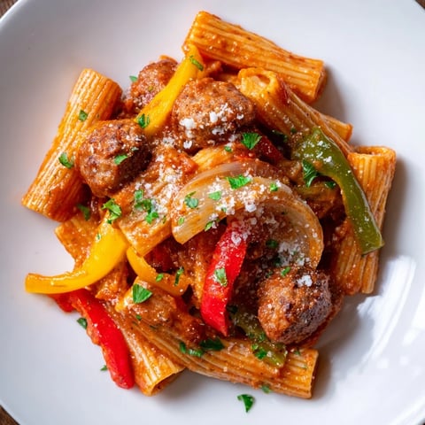 A steaming bowl of sausage and peppers pasta with vibrant bell peppers and rich tomato sauce.