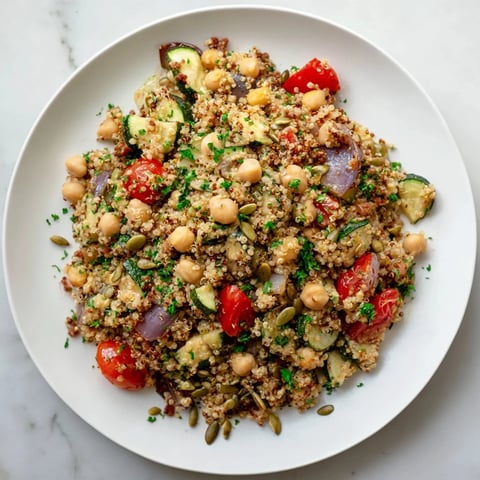 A colorful Quinoa Power Protein Salad, showing roasted vegetables and a creamy tahini dressing.