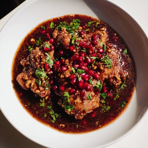 Golden-brown Iranian Fesenjan stew simmering, promising a rich, tangy pomegranate and walnut flavor.