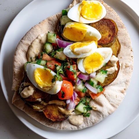 Golden-brown fried eggplant and creamy tahini star in this delicious Israeli Sabich.