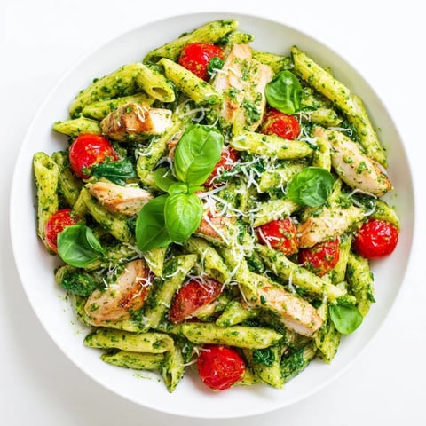 A close-up of Pesto Chicken Pasta with grilled chicken slices, al dente penne, vibrant cherry tomatoes, and wilted spinach glistening with basil pesto.