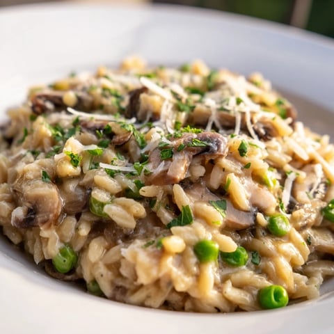 Creamy orzo mushroom risotto-style pasta steaming in a shallow bowl, garnished with fresh parsley and a sprinkle of Parmesan.