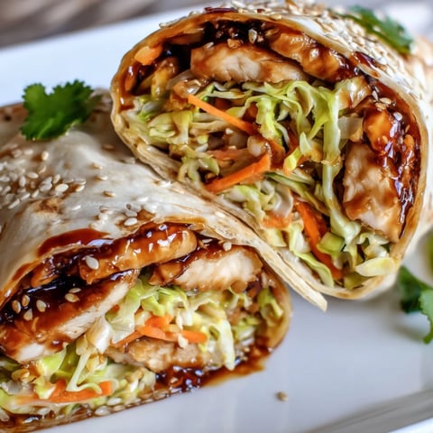 Glossy teriyaki chicken strips nestled in a soft tortilla with crisp cabbage and vibrant carrots for a satisfying lunch wrap.