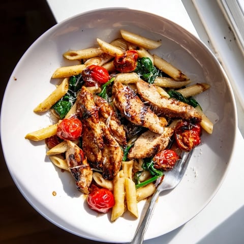 Tender chicken coated in glossy balsamic glaze, tossed with al dente penne, garlic, tomatoes, and fresh spinach.
