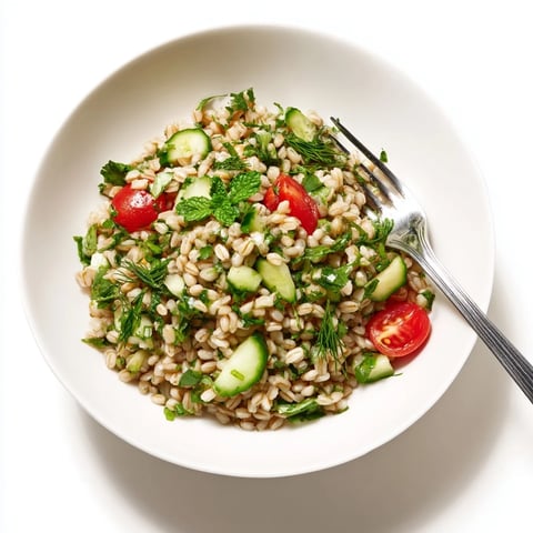 Bright, freshly chopped Barley and Herb Salad in a white bowl, featuring cherry tomatoes and cucumber on a rustic wooden table.