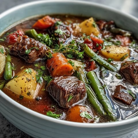 Beef and Vegetable Soup simmering in a pot with tender beef, carrots, and potatoes in a rich broth.