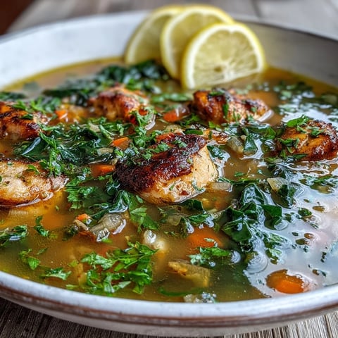 Golden turmeric High Protein Lemon and Turmeric Chicken Soup garnished with fresh lemon wedges and baby kale.