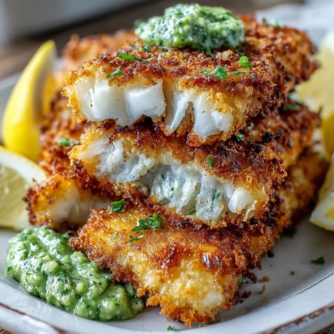 Golden-brown haddock goujons with Parmesan crust are arranged on a plate next to a small bowl of bright green pea pesto.