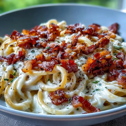 Golden celeriac carbonara noodles coated in creamy Parmesan sauce with crispy pancetta and fresh black pepper.