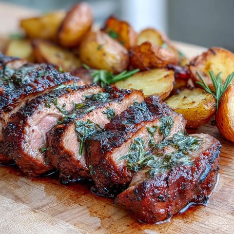 Golden-brown marinated Ibérico pork fillet with crispy roasted potatoes and sweet red peppers, freshly sliced for serving.