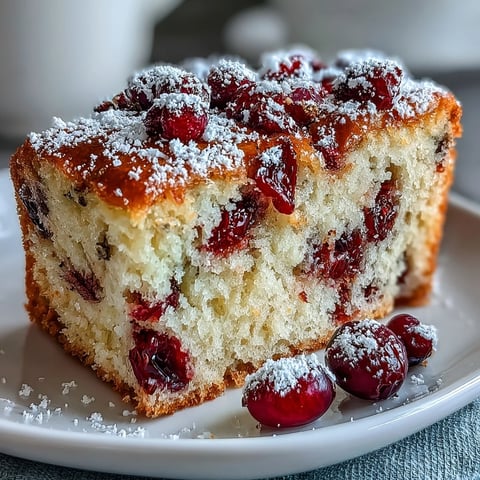 Freshly baked Cranberry Orange Breakfast Cake sits on a wooden board, showcasing a tender crumb speckled with orange zest and tart cranberries, lightly dusted with powdered sugar.
