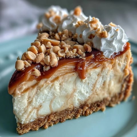A slice of Nutter Butter cheesecake on a white plate, showcasing the peanut butter swirl and crunchy cookie crust. Fresh whipped cream and chopped peanuts garnish the top, with the whole dessert in the background.