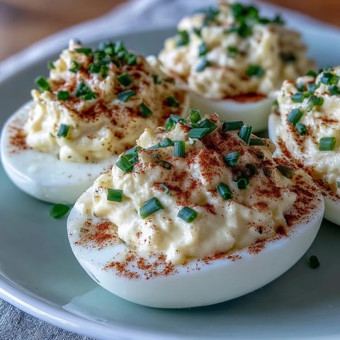 Million Dollar Deviled Eggs garnished with paprika and fresh chives are plated on a white platter, with creamy filling peeking from tender egg halves.