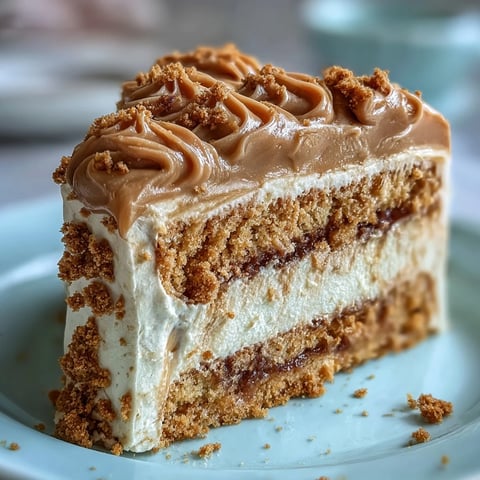 Golden slices of Decadent Baked Biscoff Cake with Creamy Lotus Frosting rest on a rustic plate, garnished with extra crumbled cookies.
