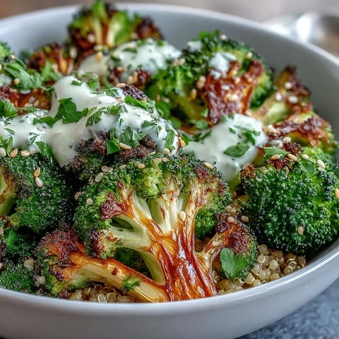 Golden-brown roasted broccoli and onions over fluffy quinoa, drizzled with creamy tahini sauce in a bowl.