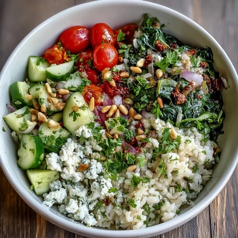 Freshly sautéed spinach and crumbled feta cheese top a colorful medley of quinoa and fresh veggies.