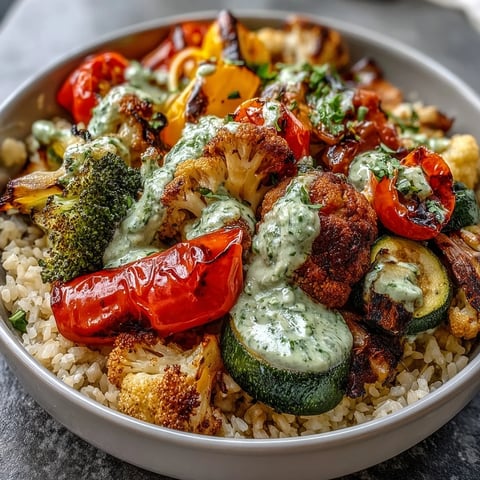 A close-up of the Rainbow Roasted Vegetable Bowl, showcasing colorful roasted bell peppers, broccoli, and tomatoes over fluffy brown rice with herb sauce.