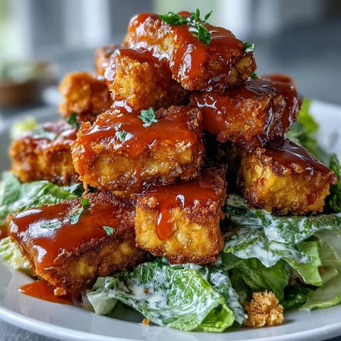 Golden-crisp cubes of spicy Buffalo tofu piled high on a bed of crunchy romaine lettuce tossed in creamy Caesar dressing.