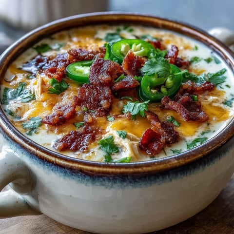 A bowl of creamy Spicy Jalapeño Popper Chicken Soup topped with crumbled bacon and fresh cilantro. 