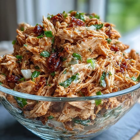 Bright red sun-dried tomatoes and diced celery mix with shredded chicken in a creamy basil dressing for a vibrant salad.
