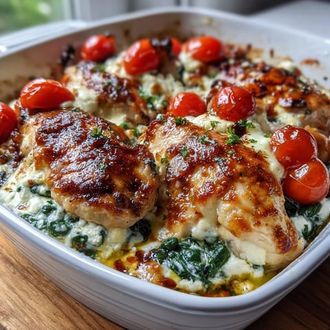 Baked chicken breasts topped with creamy Greek yogurt, spinach, and melted mozzarella, garnished with roasted cherry tomatoes.