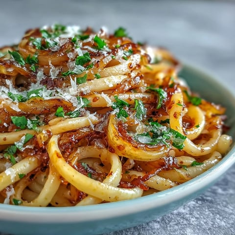 Steam rises from a bowl of Caramelized Onion Pasta, with golden onions and fresh basil garnish.