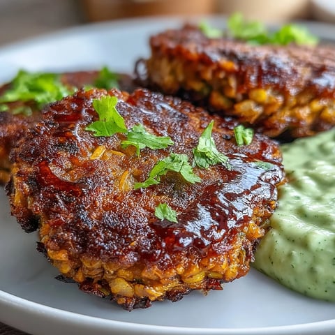 Golden brown Crispy Sweet Potato & Red Lentil Patties stacked on a plate, drizzled with creamy avocado cilantro sauce.
