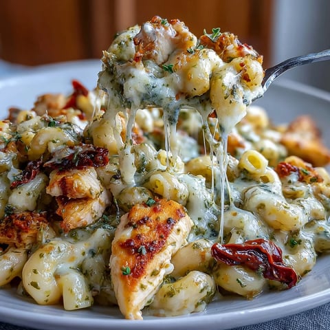 Steaming bowl of Pesto Chicken Chili Mac featuring tender chicken, al dente elbow pasta, melted mozzarella, and vibrant pesto swirls.