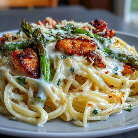 Golden-brown, crispy Asiago asparagus rests atop creamy Asiago Chicken & Asparagus Pasta with tender linguine and diced chicken.