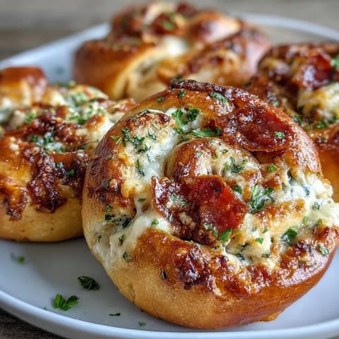 Golden-baked Pizza Roll Stuffed Garlic Knots with melted mozzarella and pepperoni peeking out, brushed in herby garlic butter.