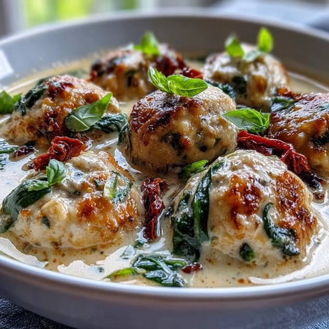 Creamy Tuscan Turkey Meatball Soup features golden-brown meatballs, vibrant spinach, and sun-dried tomatoes served steaming hot in a white bowl.