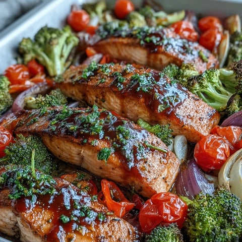 Sheet Pan Dijon Salmon with Roasted Vegetables served hot with caramelized cherry tomatoes and tender broccoli florets.