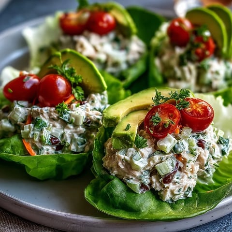 Fresh High-Protein Tuna Salad Lettuce Cups filled with creamy tuna, diced celery, and red onion, topped with cherry tomatoes and avocado slices on crisp lettuce leaves.