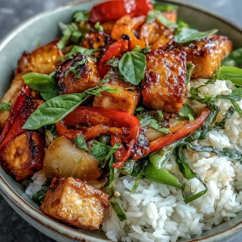 Golden seared tofu cubes and vibrant bell peppers are tossed with fresh Thai basil in this savory stir-fry, served alongside fluffy jasmine rice.