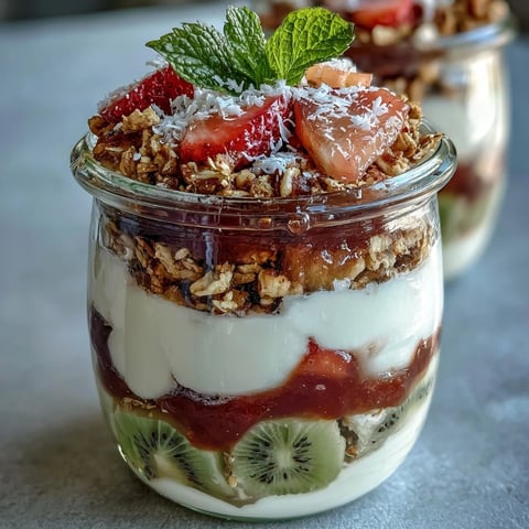 Vibrant guava-flavored yogurt parfait with layers of creamy Greek yogurt, sweet guava preserves, crunchy granola, and fresh fruit.