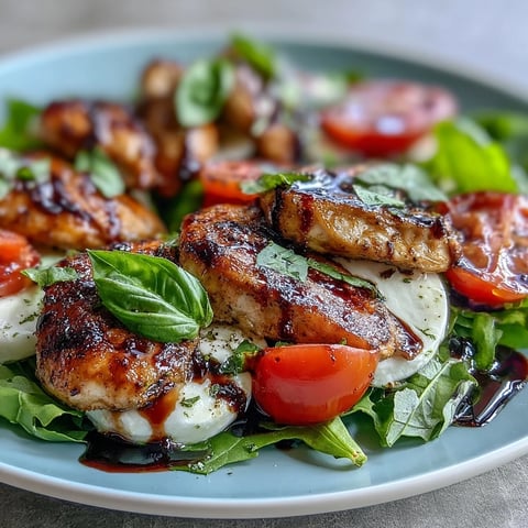 Fresh grilled chicken Caprese salad with ripe tomatoes, mozzarella, basil, and balsamic glaze on greens.  