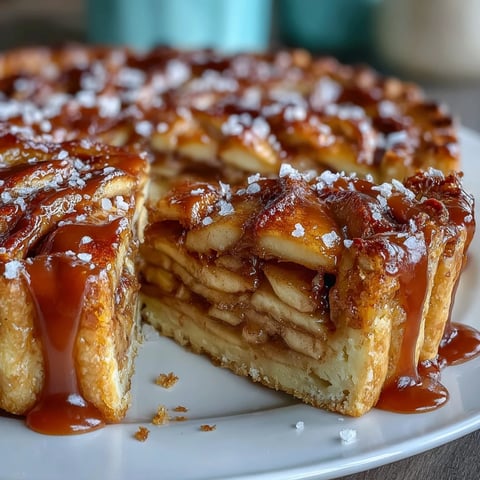 A golden tart with spiced apples baked in buttery crust, drizzled with rich salted caramel sauce.  