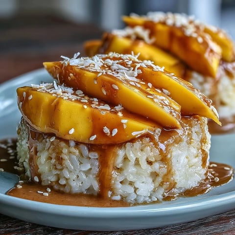 Aromatic coconut-infused sticky rice topped with fresh, juicy mango slices in a tropical Thai dessert.  
