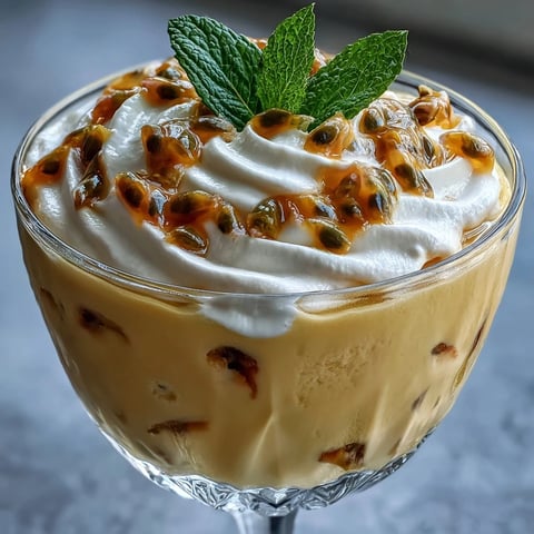 Creamy passionfruit mousse with fresh pulp and mint garnish, served in elegant glasses.  