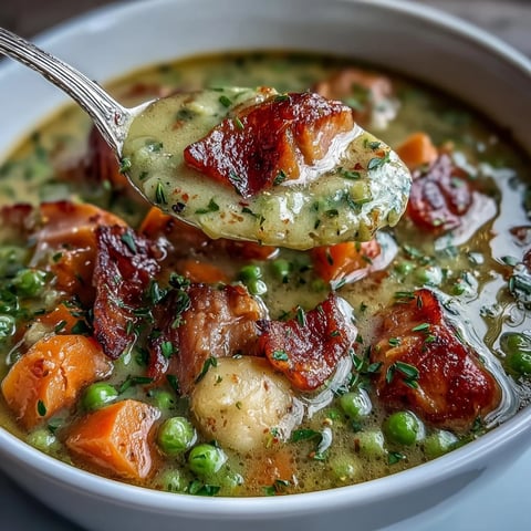 A steaming bowl of ham and split pea soup with tender carrots and savory ham chunks, perfect for chilly evenings.