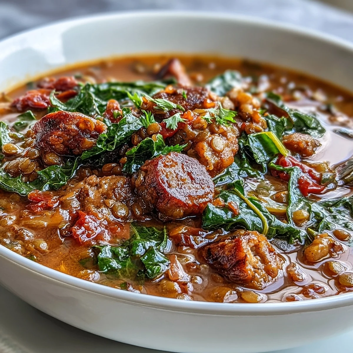 Hearty spicy sausage and lentil soup with kale in a rich tomato broth, topped with fresh herbs and served in a rustic bowl.