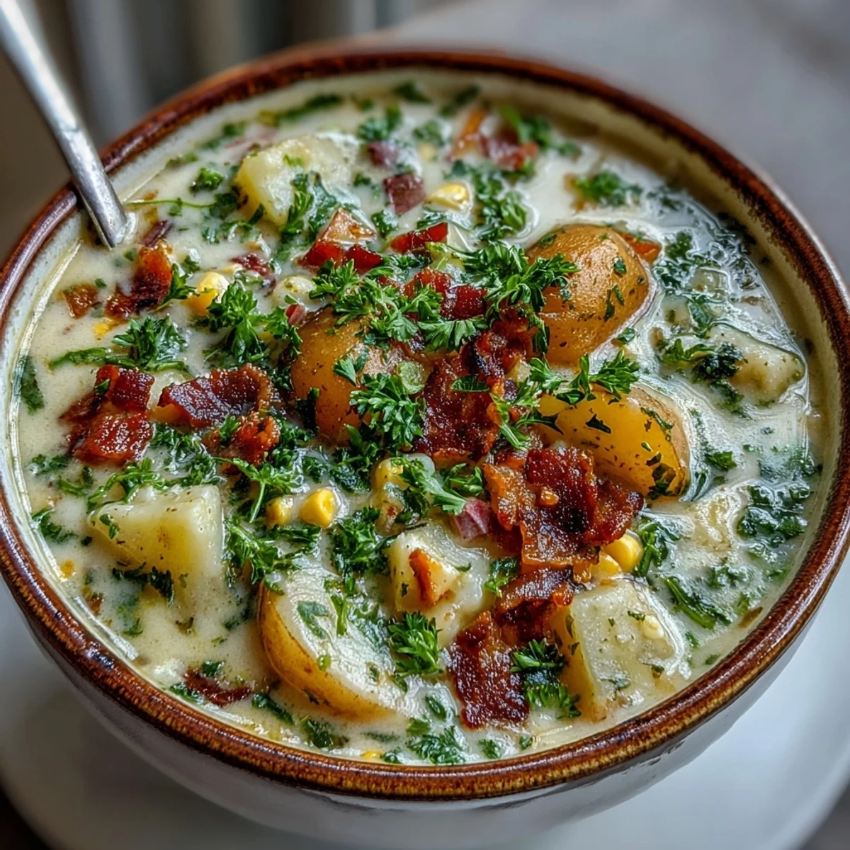 Creamy ham and potato chowder with tender vegetables and sweet corn in a light, comforting broth.  